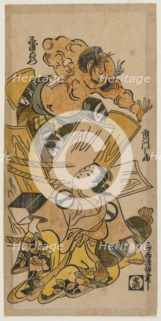 Ichikawa Monnosuke as a Courtesan and Nakajima Mioemon Bursting Out of a Barrel, c.early 1720s. Creator: Torii Kiyomasu (Japanese).