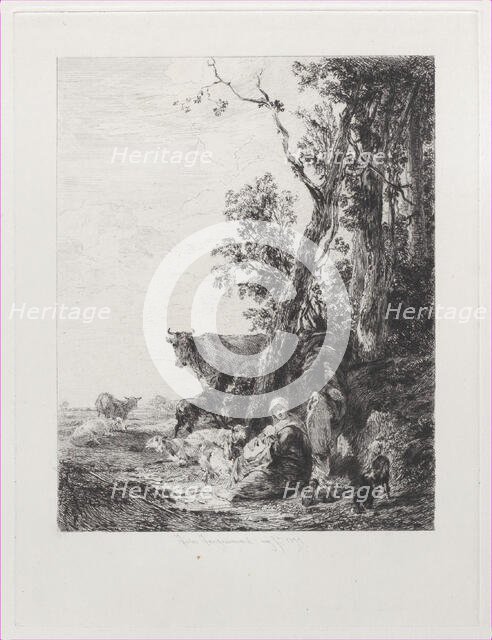 Rest, a Landscape with Figures and Cattle, after Nicolaes Berchem, 1871. Creator: Jules-Ferdinand Jacquemart.