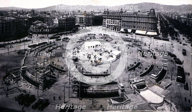 View of the Catalonia Square in Barcelona with the new order and works in the center of the squar…