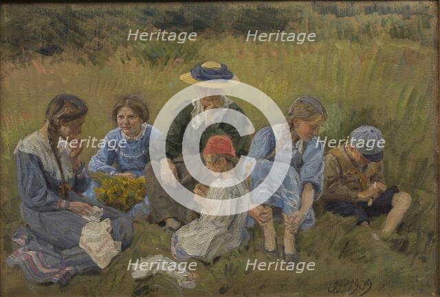 Rest in the meadow; The artist's wife and children, 1909. Creator: Joakim Skovgaard.
