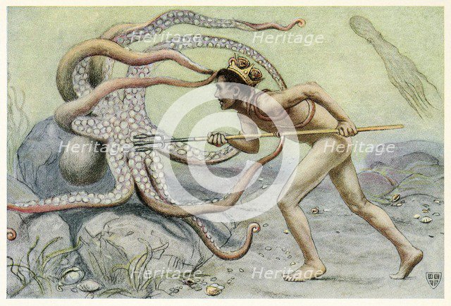 He was very brave and strong, … and battled with the great octopus from The Great Sea Horse, 1909. Creator: John Elliot (1859 - 1925).
