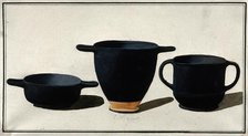 Black Greek drinking cups; left, shallow cup with horizontal handles; middle, tall cup..., 1760-9. Creator: Augustin Dahlsteen.