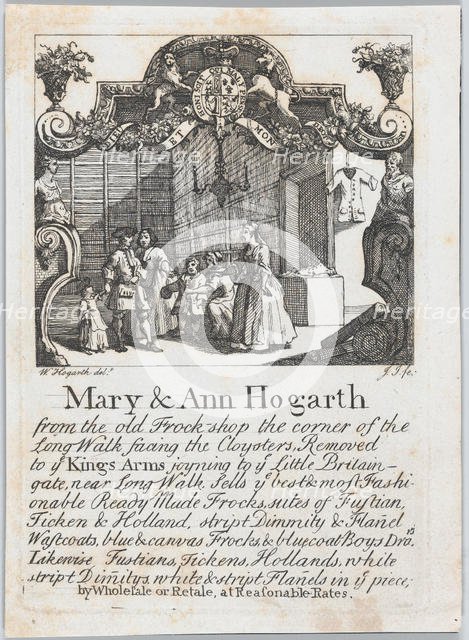 Trade card of Mary & Ann Hogarth, the old Frock Shop, ca. 1730., ca. 1730. Creator: William Hogarth.