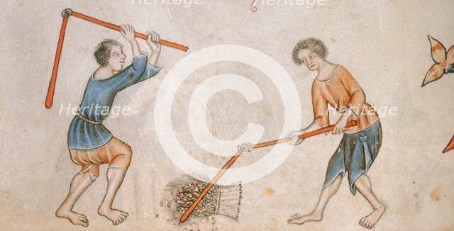 Two men beating corn with flails, c1300-c1340. Creator: Unknown.