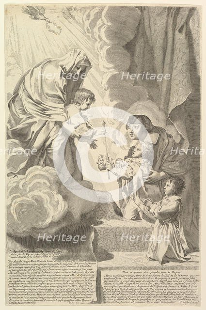 Anne of Austria with the Young Louis XIV and Monsieur before the Virgin and Child (Anne d'Autr.... Creator: Claude Mellan.