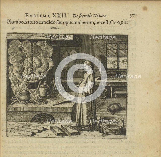 Emblem 22. If you have the white lead, do the woman's work, that is, cooking, 1618. Creator: Merian, Matthäus, the Elder (1593-1650).