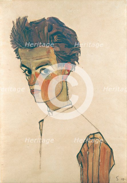 Self-Portrait with Striped Shirt, 1910. Artist: Schiele, Egon (1890–1918)