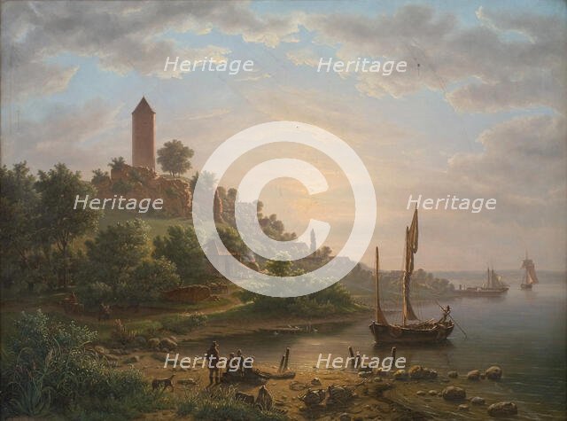 The coast at Vordingborg with the Goose Tower (Gåsetårnet), early morning, 1848. Creator: Jens Peter Møller.