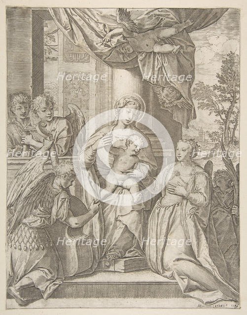 The mystic marriage of Saint Catherine who sits at center with the Christ child, angels wi..., 1585. Creator: Agostino Carracci.