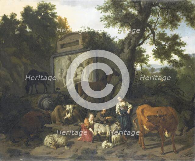 Landscape with Herdsmen and Cattle near a Tomb, 1660-1690. Creator: Dirk van Bergen.