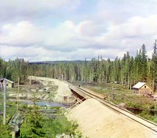 Railroad bridge across Kumsa River near the Medvezhya Gora Station, 1915. Creator: Sergey Mikhaylovich Prokudin-Gorsky.