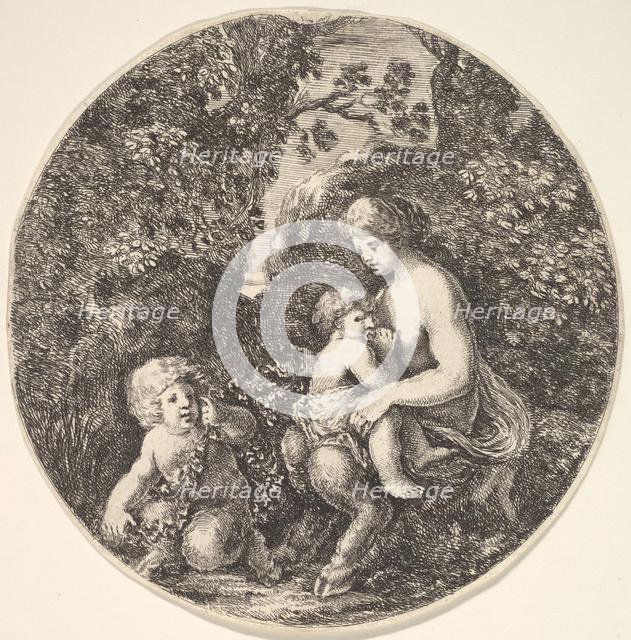A female satyr breastfeeding an child to the right, turned towards the left, a satyr child..., 1639. Creator: Stefano della Bella.