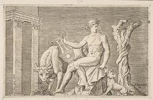 Apollo tending the flocks of Admetus, Apollo seated holding a lyre and flanked by a..., ca. 1515-27. Creator: Marco Dente.