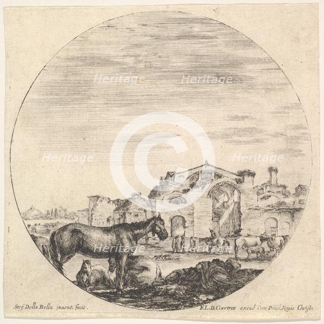 Plate 12: a shepherd sleeping on the ground to right, three horses to left, other h..., ca. 1643-48. Creator: Stefano della Bella.