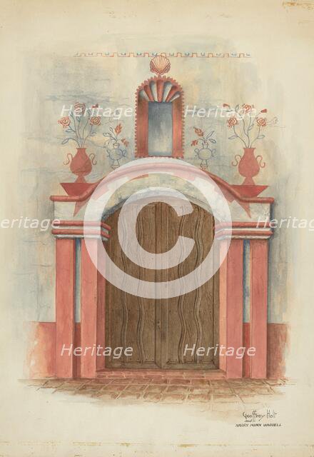 Restoration Drawing: Main Doorway, with Decorations, Mission House, 1938. Creators: Geoffrey Holt, Harry Mann Waddell.
