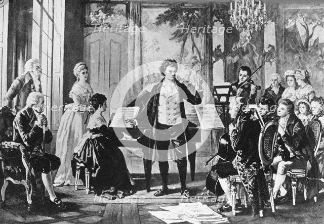 Beethoven and the Rasumovsky Quartet: Ludwig van Beethoven conducting a chamber music piece, c 1880. Creator: Borckmann, August (1827-1890).