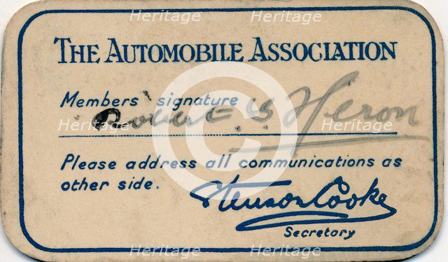 'The Automobile Association: Membership card', 1936. Artist: Unknown.