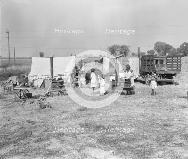 Wife and five children of migratory fruit worker, American River camp on...Sacramento, CA,1936. Creator: Dorothea Lange.