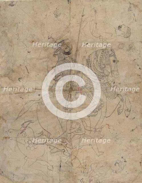 Worship of Brijnathji and Svamini (recto); Equestrian Portrait (verso), ca. 1800. Creator: Unknown.