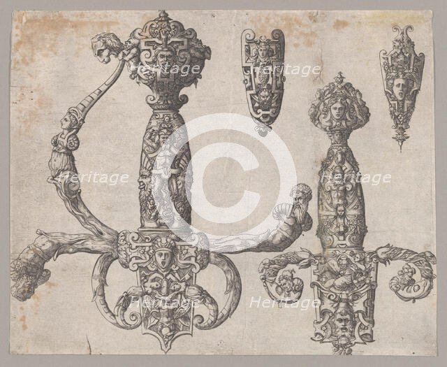 Sheet with Four Designs for Relief Decorations on Arms: Two Large Hilts for a Sword..., ca. 1550-60. Creator: Pierre Woeiriot.