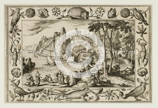 Pharaoh's Daughter Finding Moses, from Landscapes with Old and New Testament Scenes and..., 1584. Creator: Adriaen Collaert.