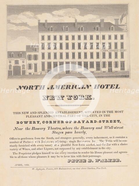 North American Hotel, New York, April 1832. Creator: Unknown.
