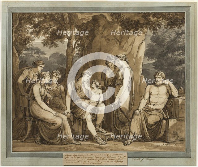 Calypso Watches Telemachus with Cupid on His Knee, While Mentor Watches in Anger..., 1808. Creator: Bartolomeo Pinelli.