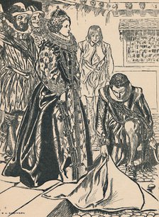 'Raleigh Spreads His Cloak Before Elizabeth', c1907. Artist: Unknown.