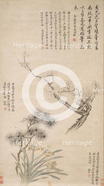 The Three Friends of Winter: Pine, Bamboo, and Plum, 17th century. Creator: Yun Shouping (1633-1690).