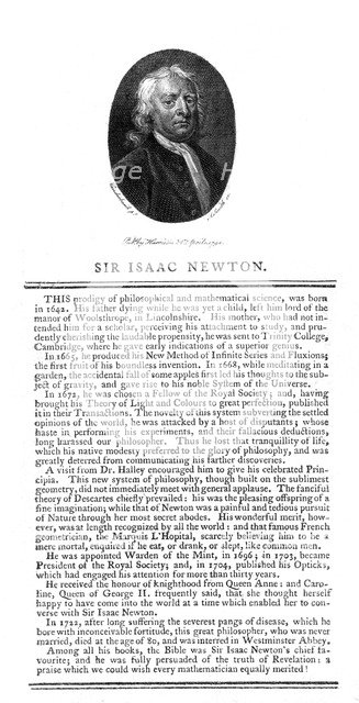 Sir Isaac Newton, English mathematician, astronomer and physicist, (1794).Artist: A Smith