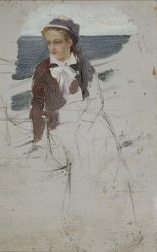 A woman sitting by the rail of a ship, sketch, c1890s. Creator: Albert Edelfelt.