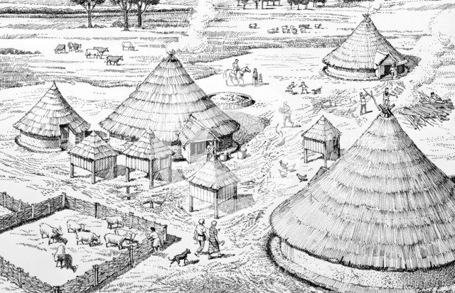 Iron Age settlement, c400-c150 BC. Artist: Derek Lucas