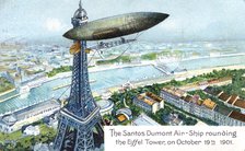'The Santos Dumont Air-ship rounding the Eiffel Tower, on October 19th 1901', (c1910). Artist: Unknown