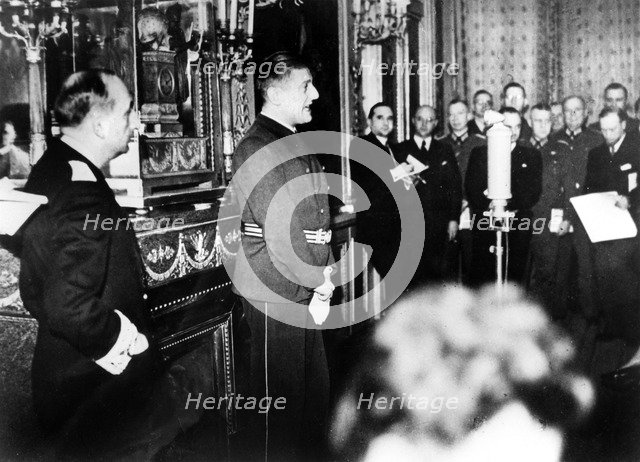 German Ambassador to Vichy France, Otto Abetz, delivering a press conference, 15 December 1940. Artist: Unknown