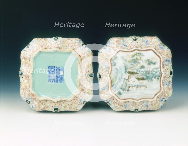 Famille rose seal paste box with landscape, late Qianlong period, Qing dynasty, China, 1775-1795. Artist: Unknown