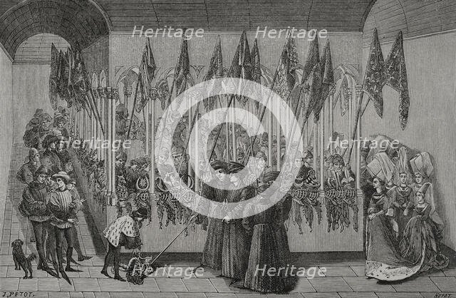 Review of helmets in the cloister, c1462-1465, (1877).  Creator: Jules Jean Marie Joseph Huyot.