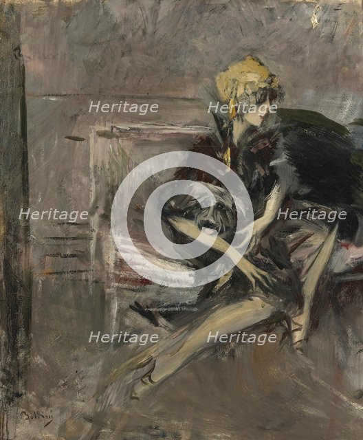 Lady In A Yellow Hat With Her Dog (Marchesa Casati). Artist: Boldini, Giovanni (1842-1931)