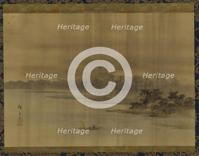 River landscape and temple in the rain, Edo period, 19th century. Creator: Utagawa Hiroshige II.