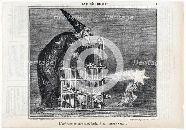 La Comète de 1857, L'astronome allemand lâchant un fameux canard, from  Le Charivari, pub. 1858.  Creator: Honoré Daumier (1808–1879 ).
