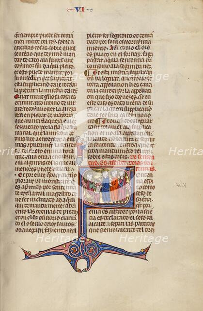 Initial S: Three Men Speaking before a Judge; Vidal Mayor, about 1290-1310. Creator: Unknown.