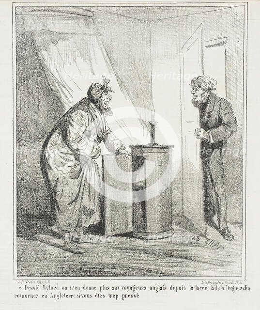 Desolé Mylord on n'en donne plus aux voyagers anglais depuis la farce faite à Duguesclin..., 1867. Creator: Cham.
