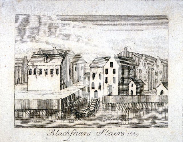 View of Blackfriars Stairs and surrounding buildings, City of London, 1660. Artist: Anon