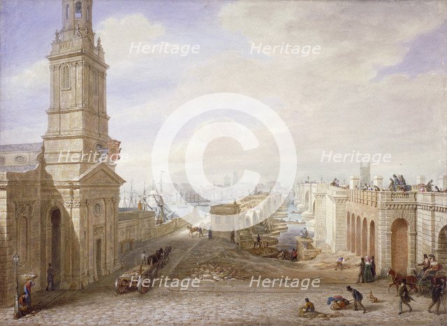 Old and new London Bridges looking south, London, 1831.                                      Artist: George Scharf