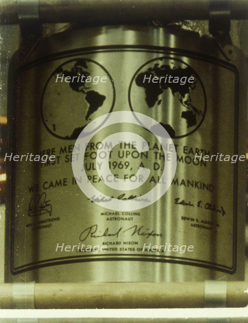 Plaque left on the Moon, Apollo II mission, July 1969. Creator: NASA.
