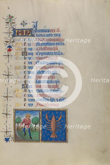 Calendar Page for June: Mowing: Cancer; Book of Hours, about 1450-1455. Creator: Master of the Lee Hours.