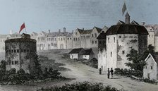 Globe Theatre, Bankside, Southwark (right) and the Bear Garden, c1597 (1825).  Artist: Unknown.
