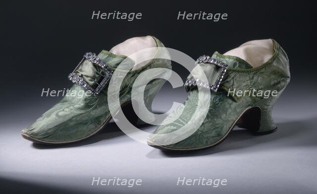 Pair of woman's silk damask shoes with buckles, between 1740 and 1750. Creator: Unknown.