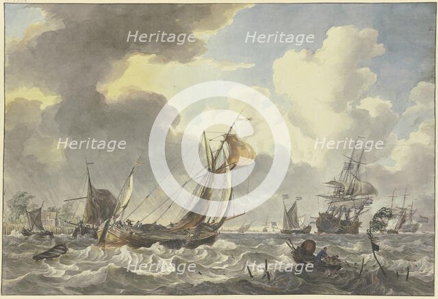 An Antwerp Pleit and Other Ships between Noord-Beveland and Wolphardsdijk, 1775. Creator: Hendrik Kobell.