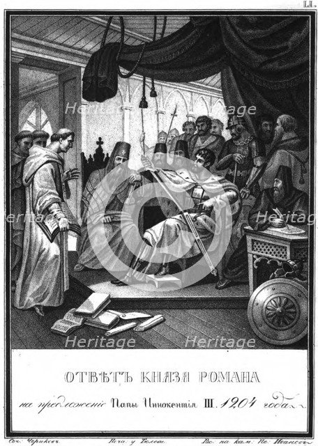 Prince Roman received the ambassadors of Pope Innocent III, 1204 (From Illustrated Karamzin), 1836 Artist: Chorikov, Boris Artemyevich (1802-1866)