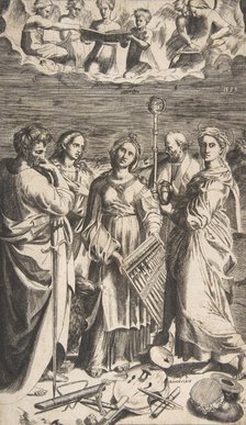 Saint Cecilia standing in the centre accompanied by Saint Paul, the Magdalene, Saint John ..., 1531. Creator: Giulio Bonasone.